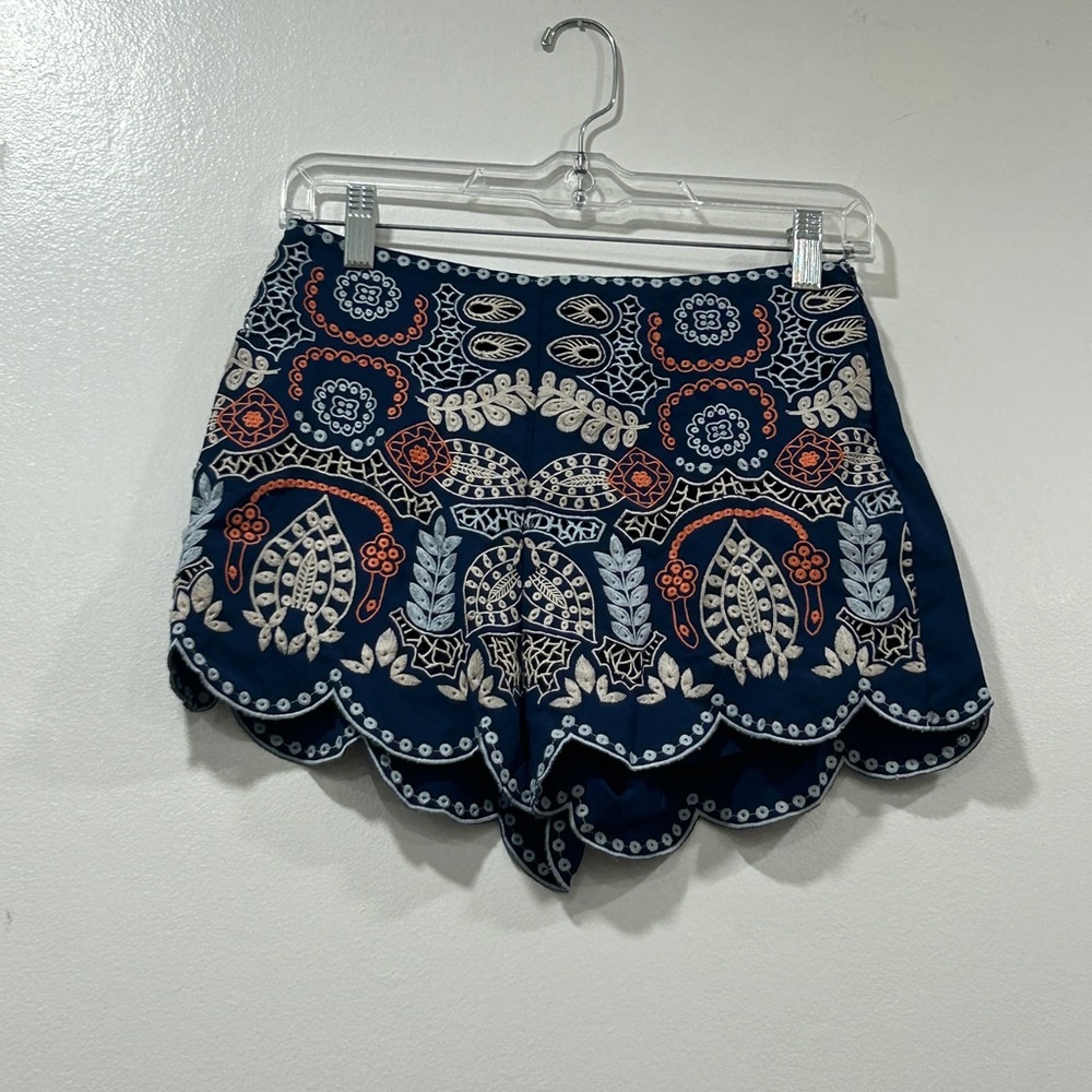 J.O.A. Navy Blue Embroidered High Waist Shorts